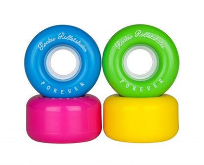 A pair of Rookie Disco 80A Quad Roller Skate Wheels, featuring vibrant blue and green colors with the "Rookie Rollerskates Forever" design, is stacked atop another pair adorned in striking pink and yellow. All wheels include white inner circles, making them an ideal choice for both indoor and outdoor skating adventures.