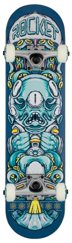 The Rocket Alien Pile-Up Blue Complete Skateboard - 7.375" x 31", crafted from a 7-ply hardrock maple deck, features a striking blue and teal alien illustration adorned with a crown, gold rings, and the word "ROCKET" at the top over a dark blue background, making it ideal for beginners.