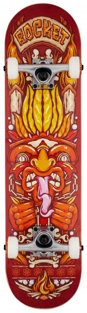 Introducing the Rocket Chief Pile-Up Red Complete Skateboard - 7.5" x 31", ideal for beginner skaters. This vibrant skateboard boasts a striking tribal design on its sturdy 7-ply hardrock maple deck, highlighted with bold orange, yellow, and red hues that display stylized faces and patterns. The word "ROCKET" is prominently displayed at the top of the deck. It comes equipped with durable aluminum trucks to ensure smooth rides.