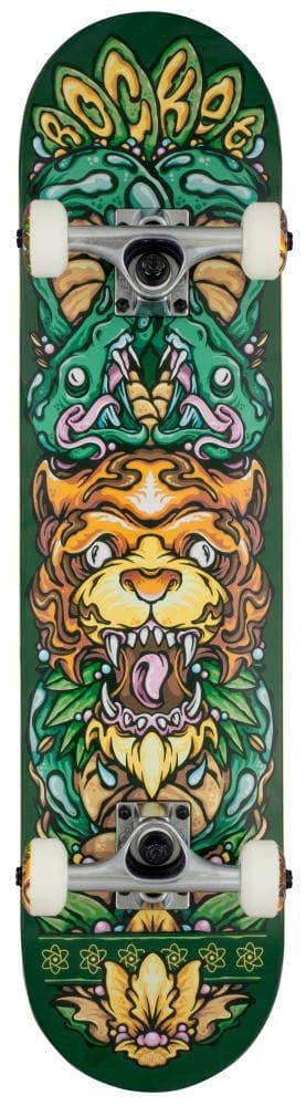 Product Description: Introducing the Rocket Wild Pile-Up Green Complete Skateboard - 7.5" x 31", an ideal choice for beginner skaters. This skateboard showcases a vibrant and intricate design featuring stylized lions and snakes encircled by lush green leaves. Constructed from durable 7-ply hardrock maple, it boasts colorful and symmetrical artwork that creates a striking visual on its green deck.