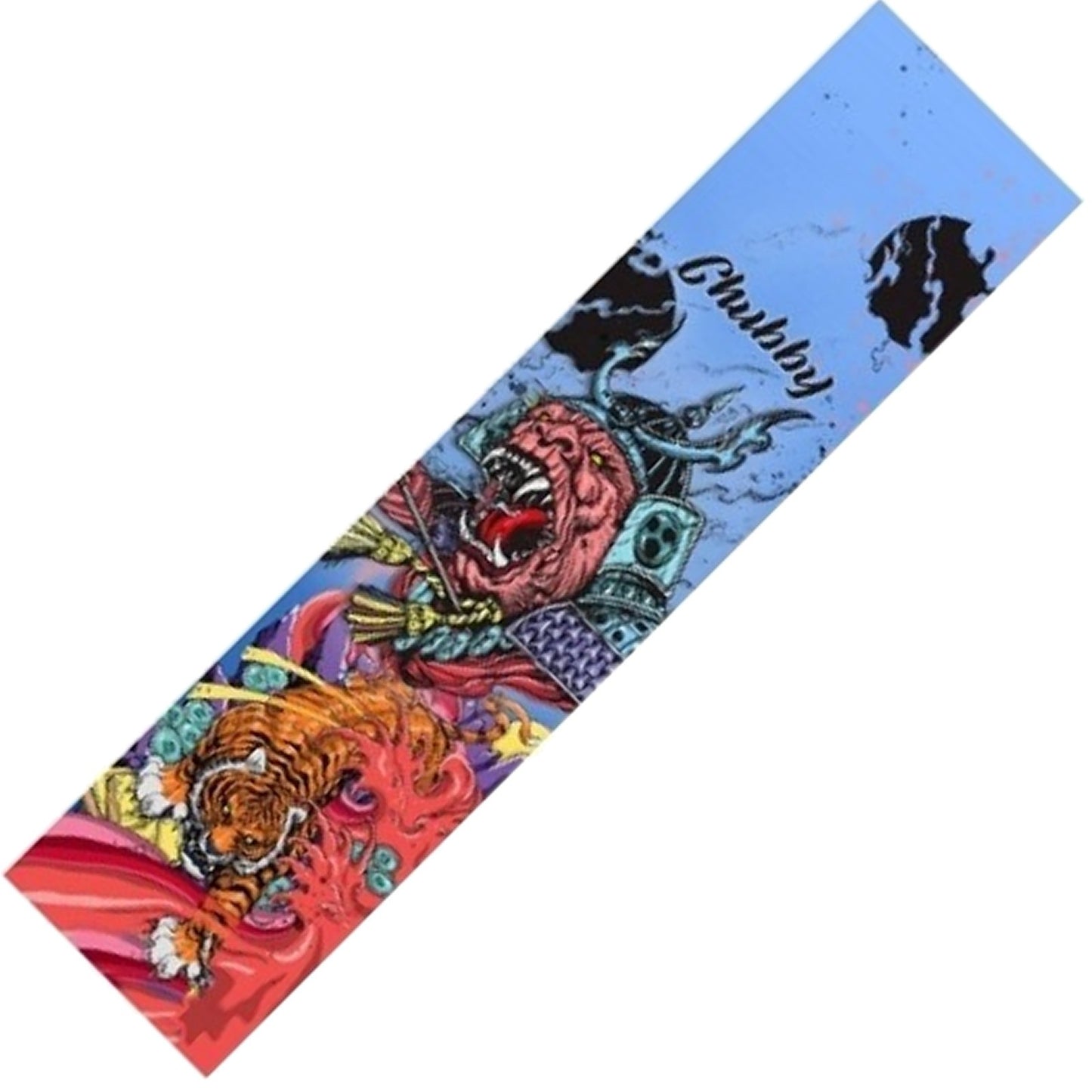 The Chubby Stunt Scooter Griptape - Samurai Gorilla showcases an illustrated design with a fierce red creature sporting horns and accompanied by a snarling tiger, set against a vibrant backdrop reminiscent of skatepark vibes. The word "Chubby" is prominently displayed at the top in stylized text against a blue sky, echoing the resilience of griptape patterns.