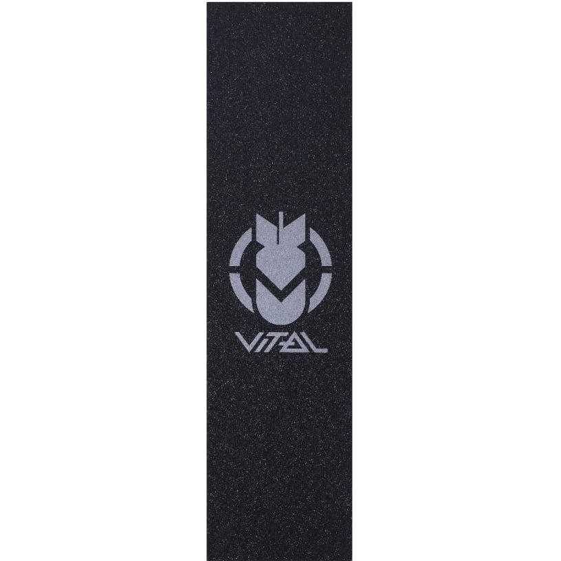 This Vital Bomb Stunt Scooter Griptape - Reflect, in black, offers a fresh appearance with its coarse, sandpaper-like texture. The stylized gray logo resembles a helmet above the angular letters spelling "VITAL," and is perfectly centered along the 23 x 6" tape.