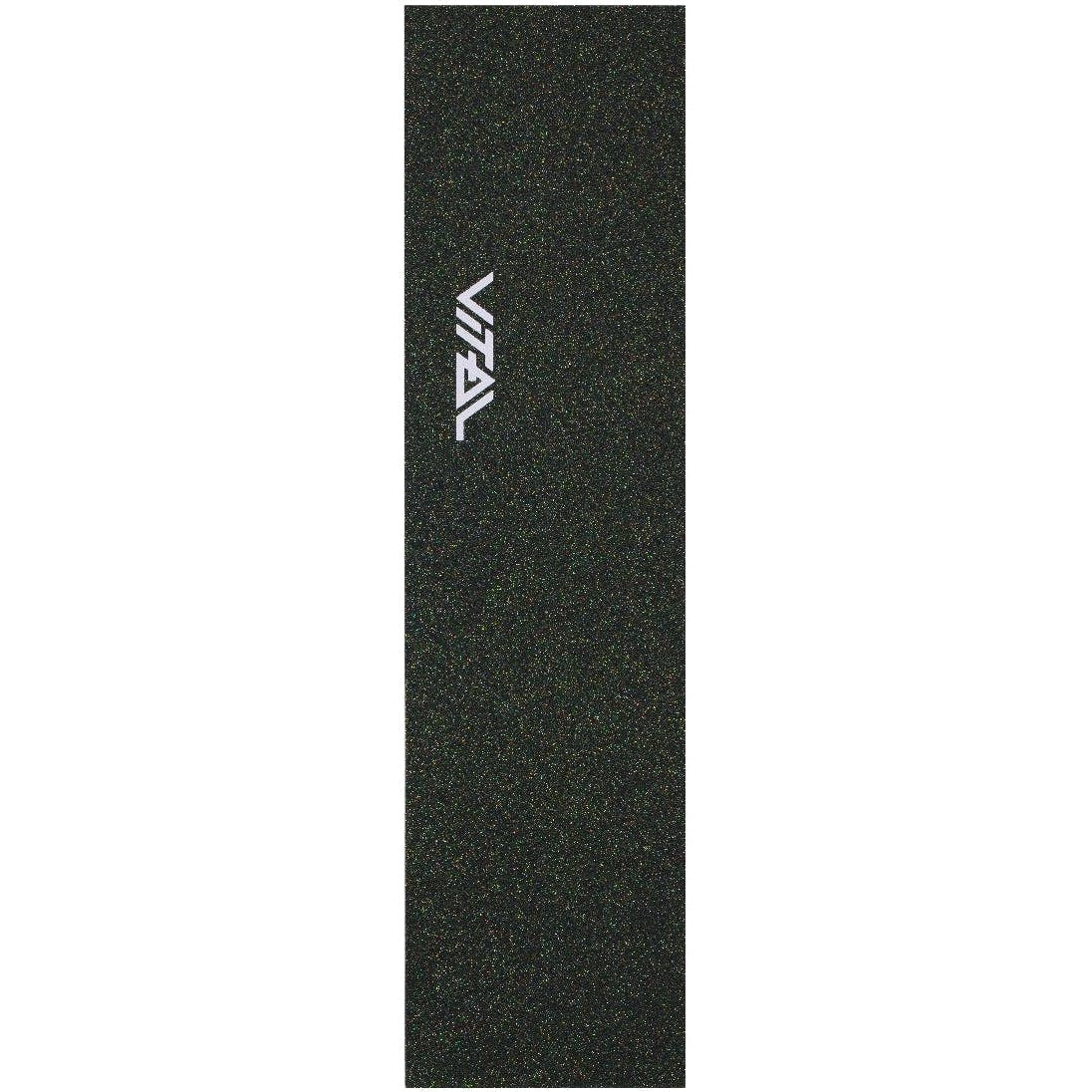 Green skateboard grip tape featuring a glittery textured surface with a stylish white logo near the top, provided by Vital. This standout Vital Glitter Stunt Scooter Griptape offers both enhanced grip and flair for any skating enthusiast seeking a unique look for their deck.