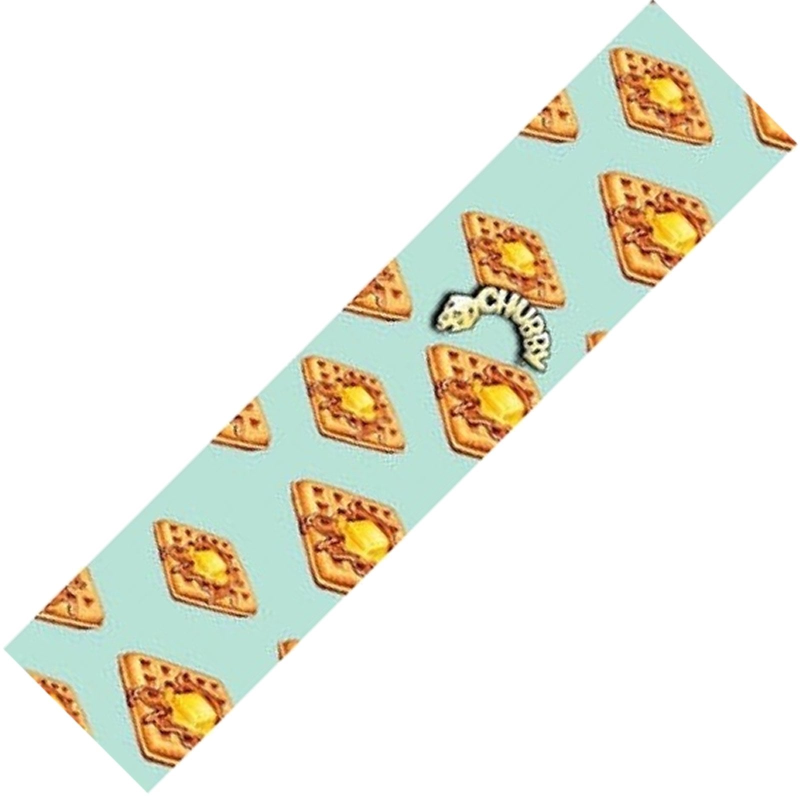 The Chubby Stunt Scooter Griptape - Waffle showcases a whimsical white font set against a light blue background adorned with syrup-covered waffles. Perfect for skatepark fans, this griptape from Chubby provides a firm and durable texture to keep you stylishly secure on every ride.