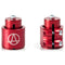 The image showcases two red metal adapters, one of which displays the Apex logo with a stylized "A" on its side. These Apex 2 Bolt Oversized Stunt Scooter Clamps and HIC Kits are made from aluminium and feature cylindrical designs with grooves and visible bolts for secure attachment. The image highlights different angles of the same product, making it ideal for a sturdy stunt scooter clamp setup.