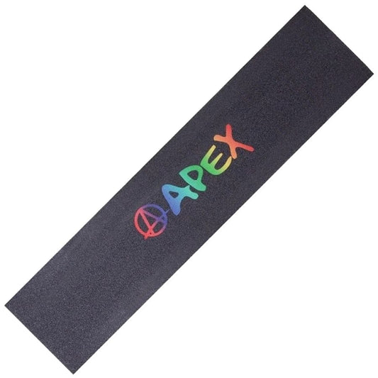 The Apex Pro Scooter Griptape - Rainbow Logo, produced by Apex, is a rectangular piece with a black background that displays the "APEX" rainbow logo. It features vibrant letters and a stylized "A" reminiscent of an anarchy symbol. This medium-grain griptape enhances both style and traction for any ride.