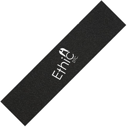 Introducing the Ethic DTC Classic Logo Stunt Scooter Griptape in black, featuring the iconic "Ethnic" branding in white letters accompanied by a stylish hair silhouette. Ideal for those who value subtle style touches akin to premium scooter griptape designs.