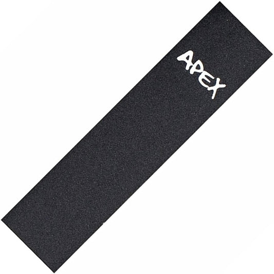 The Apex Pro Scooter Griptape - Laser Cut is a black skateboard grip tape featuring the word "APEX" in bold white letters at the top right corner. Its textured surface provides excellent traction, while the strong adhesive ensures a secure fit, making it an ideal choice for scooter griptape as well.