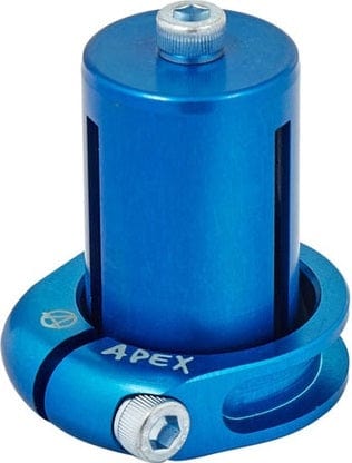 The Apex Mono Lite 1 Bolt Oversized Stunt Scooter Clamp & HIC Kit - Blue from Apex features a sophisticated cylindrical top secured by two screws, complemented by a circular base with an intricate cutout design. Ideal for enhancing performance, this blue metal clamp proudly displays the "APEX" branding, combining style with durability.