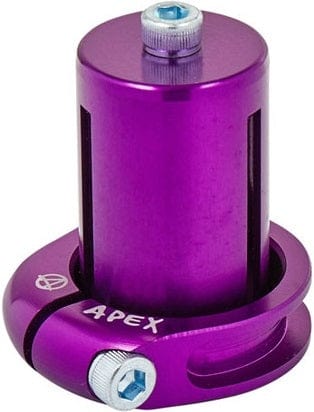 The Apex Mono Lite 1 Bolt Oversized Stunt Scooter Clamp & HIC Kit - Purple is a lightweight cylindrical clamp with a circular base, engraved with the "Apex" brand name. It comes equipped with bolts for securing onto scooter handles, making it an essential component of your HIC kit.