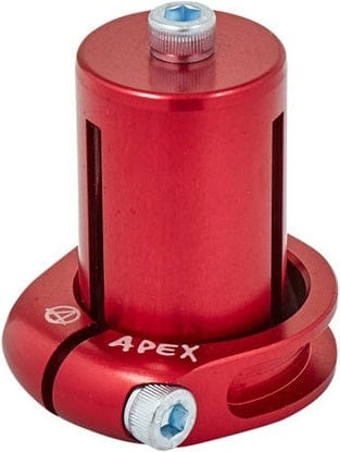 The Apex Mono Lite 1 Bolt Oversized Stunt Scooter Clamp & HIC Kit in red is a lightweight metal clamp, shaped cylindrically and marked with the "Apex" brand in white. It includes a top blue screw and an extra side screw, making it perfect for securely fastening stunt scooter components without adding unnecessary weight, ideal for riders who value reliability.