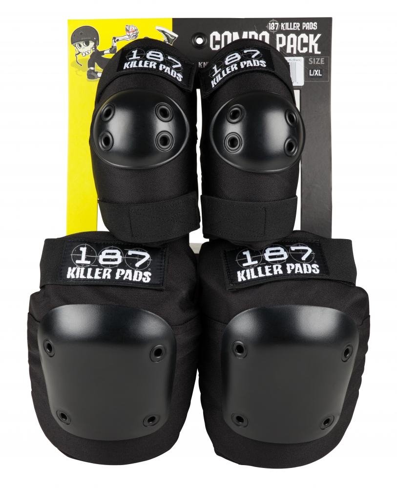 Displayed against a yellow and black backdrop is the 187 Killer Elbow & Knee Combo Skate Protection Pads Set in black, ideal for skaters. The set features safety protection with hard caps, with the brand logo prominently visible on the straps. The packaging is partially visible, highlighting its quality and durability.