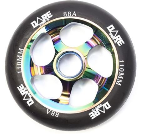 The Dare Motion 110mm Stunt Scooter Wheel - Neochrome is a stylish wheel featuring an aluminum core and the "Dare" brand name in white on its rim. It has five spokes in vibrant rainbow colors and is made from durable polyurethane, boasting an 88A hardness rating for a smooth ride.