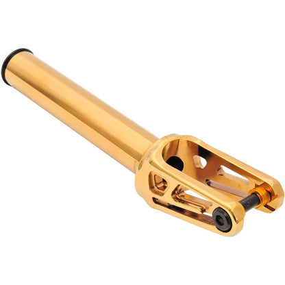 Close-up of the gold Oath Shadow SCS/HIC Stunt Scooter Fork, crafted from 6061 T6 Aluminium, featuring a cylindrical tube and an axle opening for the wheel. Its design includes cutouts for reduced weight and style, setting a new standard in the scooter market.