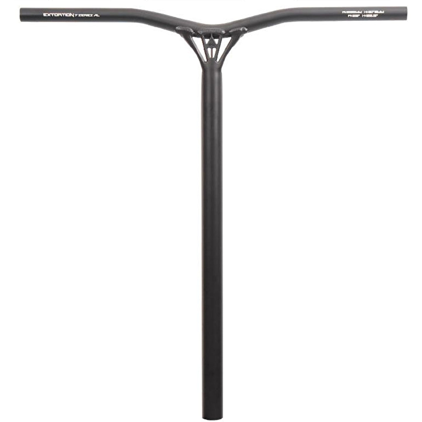 The Triad Extortion Aluminium Oversized IHC Stunt Scooter Bars in Satin Black showcase a sleek Y-shaped design made from sturdy 7 Series Aluminium. Measuring 675mm x 585mm, these bars feature a long, straight stem that supports parallel handle grips and minimal white branding, all set against a plain white background.