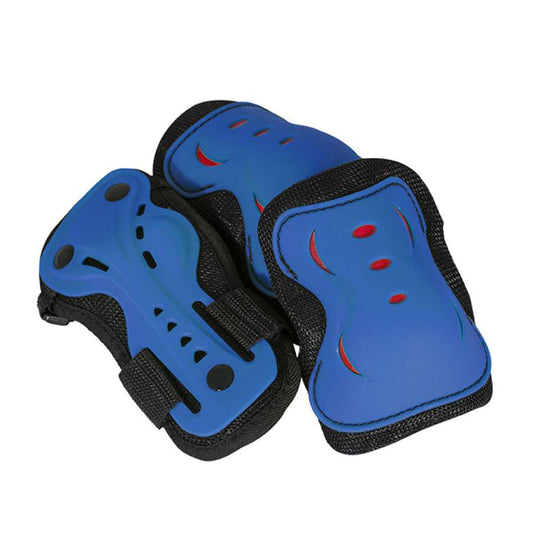 The SFR Essentials Junior Triple Skate Protection Pad Set - Blue / Red by SFR includes knee pads, elbow pads, and wrist guards with blue protective pads and black straps, ideal for sports such as skating or biking.