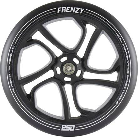 A detailed view of a black Frenzy 250mm Replacement Scooter Wheel highlights its five-spoke design. The outer rim displays white lettering, including "Frenzy" and "250," with a visible central bearing. The wheel boasts a smooth, sleek finish, ideal for the scooter.