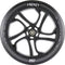 A detailed view of a black Frenzy 250mm Replacement Scooter Wheel highlights its five-spoke design. The outer rim displays white lettering, including "Frenzy" and "250," with a visible central bearing. The wheel boasts a smooth, sleek finish, ideal for the scooter.