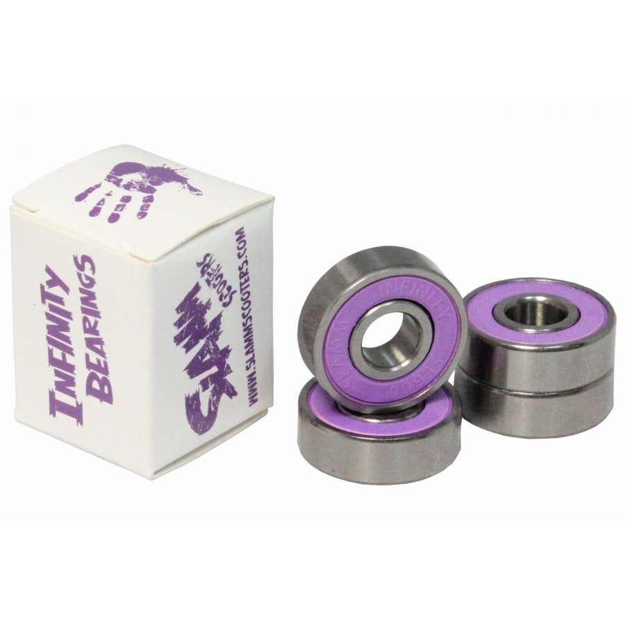 A set of Slamm Infinity Scooter Bearings - 4 Pack, distinguished by their purple rubber shields and skate-rated performance, is stacked next to a white box decorated with purple text and graphics. For more information, visit slammscooters.com.