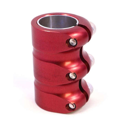 The Apex Gama 3 Bolt Oversized SCS Stunt Scooter Clamp in red, from the brand Apex, is a robust and durable aluminum clamp. It includes three sections with five embedded screws for secure fastening, smooth rounded edges, and a central hollow area ideal for attaching or tightening round objects.