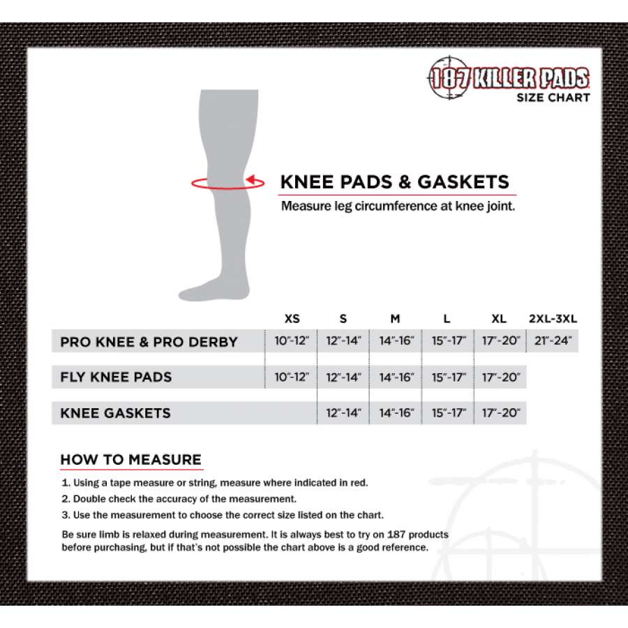 Explore the size chart for 187 Fly Knee Skate Protection Pads by 187, featuring sizes from XS to 2XL-3XL. The chart includes leg circumference measurements tailored for Pro Knee, Pro Derby, and action sports enthusiasts, along with comprehensive measuring instructions.