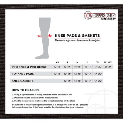 Explore the size chart for 187 Fly Knee Skate Protection Pads by 187, featuring sizes from XS to 2XL-3XL. The chart includes leg circumference measurements tailored for Pro Knee, Pro Derby, and action sports enthusiasts, along with comprehensive measuring instructions.