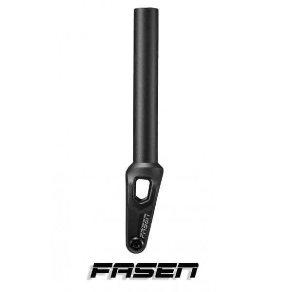 The image features a sleek Fasen Bullet IHC Stunt Scooter Fork in black, celebrated for its lightweight design and IHC compression system, set against a clean white background. The elegant display of the Fasen logo is positioned below the fork.