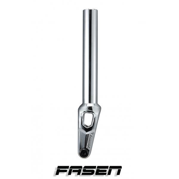 A chrome Fasen Bullet IHC stunt scooter fork, with its sleek, minimalist design, stands vertically against a white background, embodying the essence of a lightweight scooter fork. The word "Fasen" is elegantly displayed below this high-quality product.