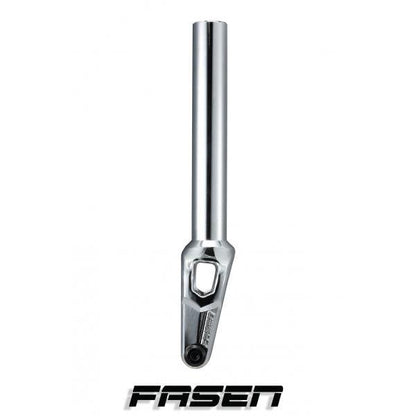 A chrome Fasen Bullet IHC stunt scooter fork, with its sleek, minimalist design, stands vertically against a white background, embodying the essence of a lightweight scooter fork. The word "Fasen" is elegantly displayed below this high-quality product.