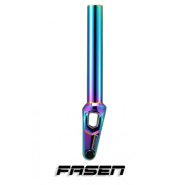 The Fasen Bullet IHC Stunt Scooter Fork in Neochrome boasts a gradient transition from purple to green with a hexagonal cutout near the base. The brand name "Fasen" is prominently displayed below the fork, which uses IHC Compression for improved performance.