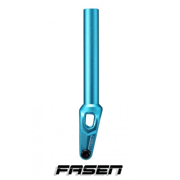 A teal Fasen Bullet IHC Stunt Scooter Fork with an integrated threadless design is displayed vertically against a white background, highlighting its lightweight construction. The brand name "Fasen" is prominently featured below the fork.