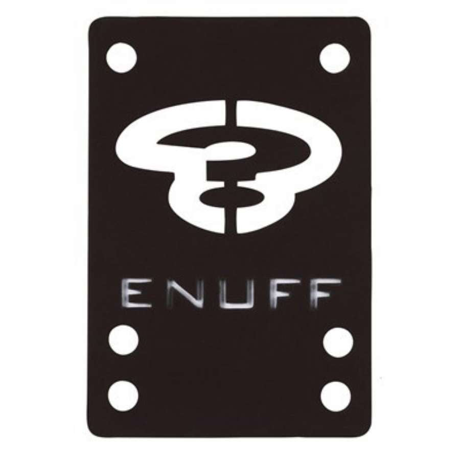 The Enuff Skateboard Shock Pads (Pair) - Black, branded with the Enuff logo and "ENUFF" beneath it, are designed to minimize shock for a smooth ride. These pads come with eight mounting holes.