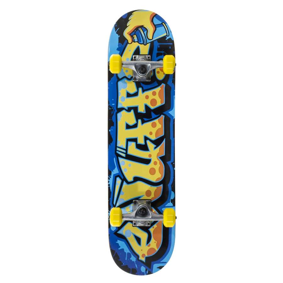 The Enuff Graffiti II Yellow / Blue Mini Complete Skateboard, ideal for beginners, features a 7-ply Maple deck with an eye-catching graffiti-style design. The blue, yellow, and orange colors stand out against the yellow wheels and silver trucks on a white background.