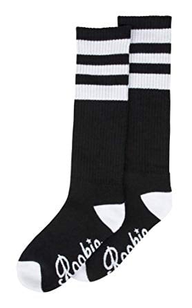 The Rookie Roller Skates Logo Socks in black and white showcase a design with two white horizontal stripes at the top, along with contrasting white toes and heels. The word "Rookie" is elegantly displayed in logo-jacquard cursive near the bottom.