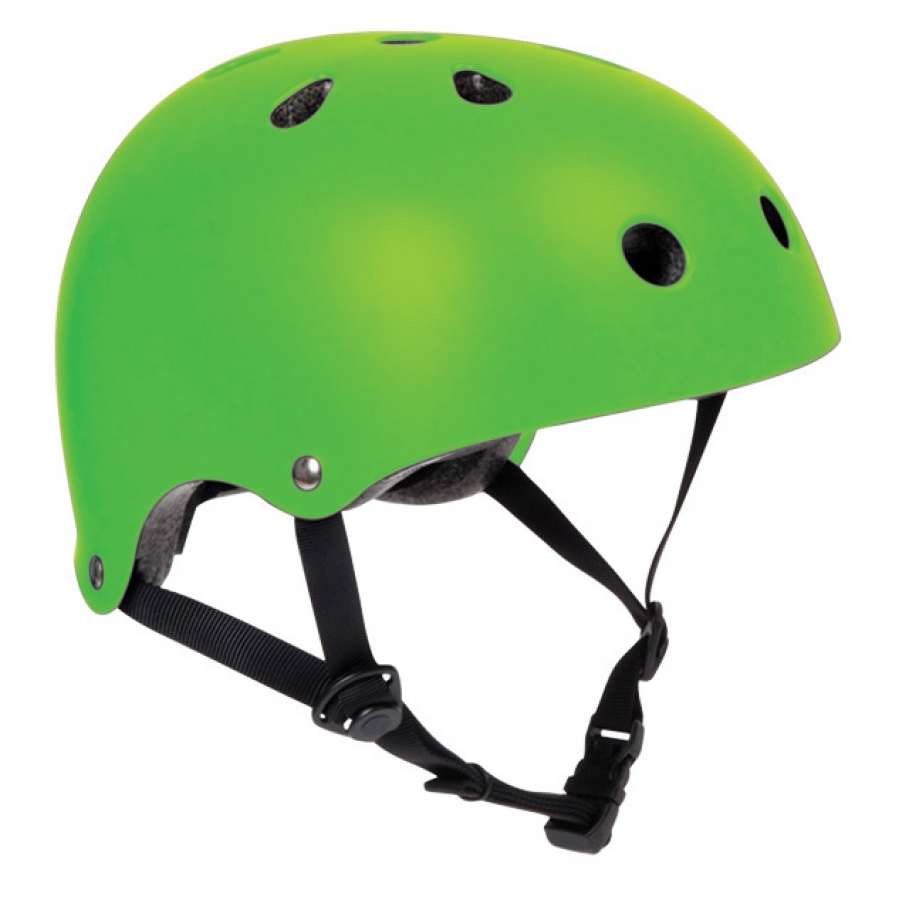 The SFR Essentials Skate/Scooter Helmet in Matt Green boasts a high-impact ABS outer shell, multiple ventilation holes, and adjustable black straps for a secure fit.