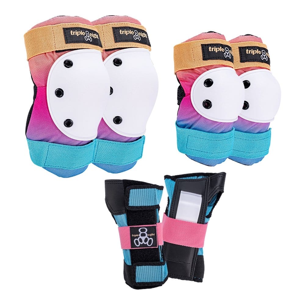 The Triple 8 Saver Series 3-Piece Skate Protection Pad Set - Sunset by Triple 8 features a vibrant gradient of pink, purple, and blue knee pads, elbow pads, and wrist guards. It includes white hard shells complemented by black straps, making it perfect for skating or similar activities.