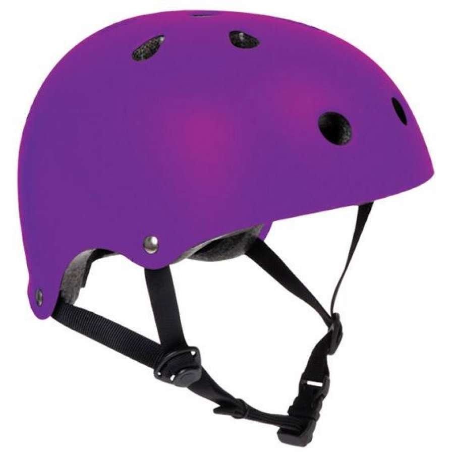 The SFR Essentials Skate / Scooter Helmet in Matt Purple is made from high-impact ABS and includes multiple ventilation holes and an adjustable black chin strap.