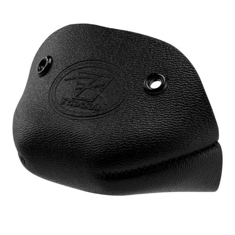 A close-up of the Riedell Leather Toe Caps in black showcases a textured surface with two screw holes. Reminiscent of Riedell skate protection, the cover features an embossed logo with the word "Russell" and a stylized design.