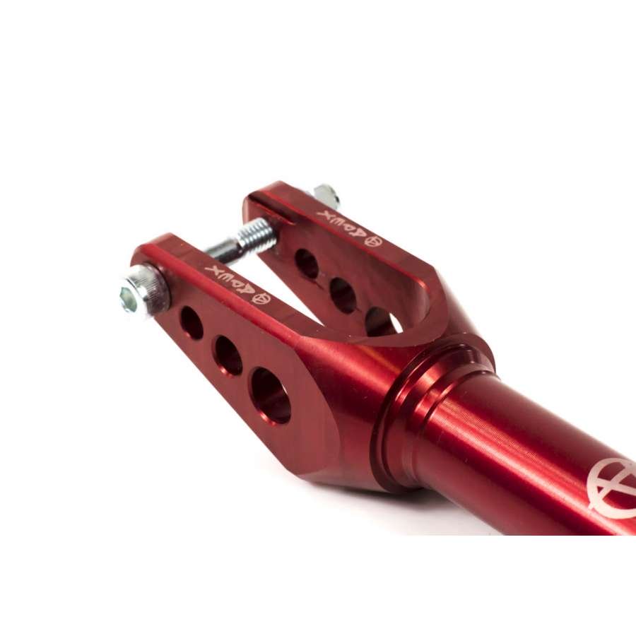 Close-up of a red metal adjustable scooter clamp designed with multiple holes and a screw for securing. The sleek, polished design features branded markings, perfectly complementing the Apex Infinity SCS/HIC Stunt Scooter Forks by Apex for added stability.