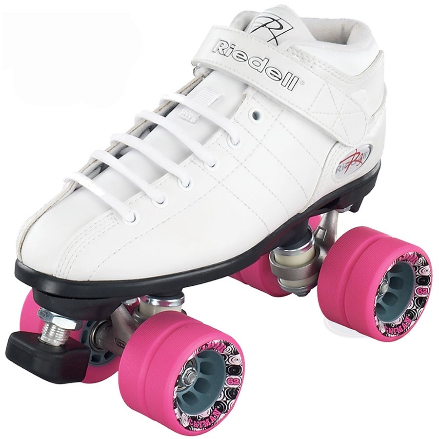 A Riedell R3 Roller Derby Quad Skate in white featuring a high-top design with laces and a strap, enhanced by PowerDyne Thrust Nylon Plates. The wheels display a striking pink and black pattern, complemented by elegantly stitched branding on the side.