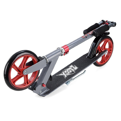 The Xootz Foldable Large Wheeled Scooter in Gunmetal Grey features 200mm wheels and a lightweight aluminum deck. Its compact design ensures easy storage, emphasizing portability.