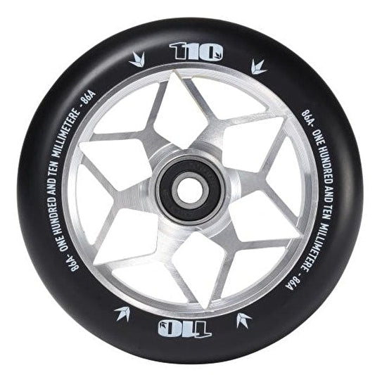 A Blunt Envy Diamond 110mm stunt scooter wheel in silver chrome, with a black tire featuring a star-shaped hub design. The tire is marked "ONE HUNDRED AND TEN MILLIMETER" and "84A," ideal for those seeking Blunt Envy performance.