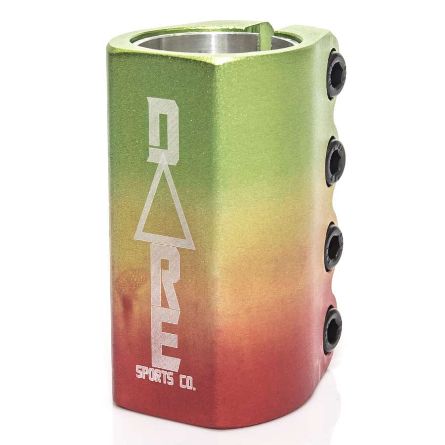 The Dare Warlord 4 Bolt Oversized SCS Stunt Scooter Clamp - Rasta, from the brand Dare, features a gradient metal design with a green to red color transition and black side bolts. Made with durable aluminum, this clamp is ideal for supporting intense tricks. The text "DARE SPORTS CO." is printed vertically in white.