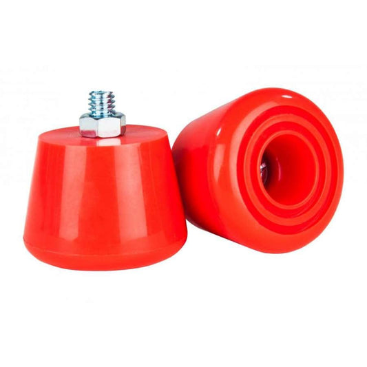 Introducing the Rookie All Star Toe Stops - Red by Rookie, designed in a vibrant red hue with cylindrical shapes. One toe stop stands upright, highlighting its metal bolt on top, while the other is positioned on its side to display its hollow interior. Crafted from polyurethane, these toe stops ensure controlled stops and boast a bright, glossy finish.