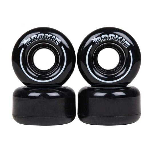 The Rookie Disco 80A Quad Roller Skate Wheels, measuring 58mm x 32mm, are black with the brand "Rookie" printed in white on the outer surface. These wheels, designed for both indoor and outdoor skating, feature an 80A hardness and have a smooth, glossy finish with a central circular opening for axles or bearings.