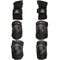 The Triple 8 Saver Series 3-Piece Skate Protection Pad Set in black, featuring two wrist guards, knee pads, and elbow pads with red logos, stands upright against a clean white backdrop.