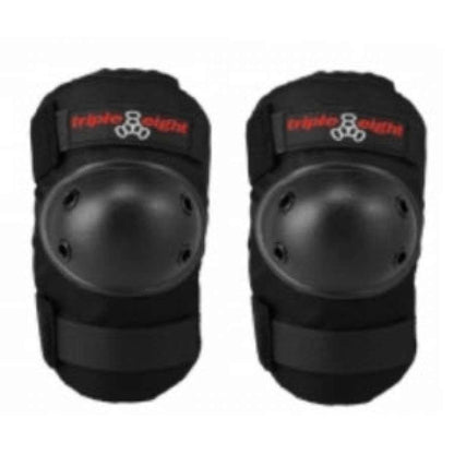 This is the Triple 8 Saver Series 3-Piece Skate Protection Pad Set in black, featuring knee pads with hard plastic caps and adjustable straps. The set includes matching elbow pads for complete protection. The brand logo, "Triple 8," stands out in red and white on each pad. Its compact and durable design makes it ideal for sports use.