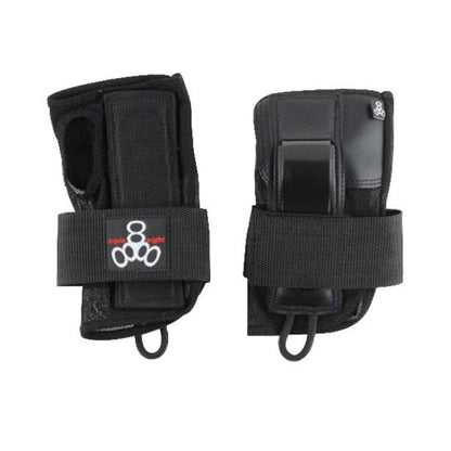 Introducing the Triple 8 Saver Series 3-Piece Skate Protection Pad Set in black. This set includes wrist guards that feature a distinctive logo with three white circles on the front. These wrist pads are equipped with adjustable straps and protective padding, making them ideal for sports or activities requiring wrist support and protection.