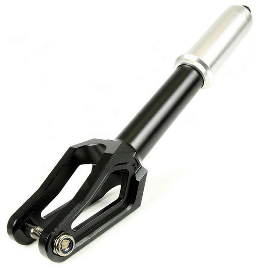 The Root Industries AIR IHC Stunt Scooter Forks in black feature a sophisticated design with a sturdy axle. They are compatible with 120mm wheels, making them perfect for freestyle scooters. This lightweight component includes an open-ended base design and a smooth cylindrical top, facilitating easy trick execution.