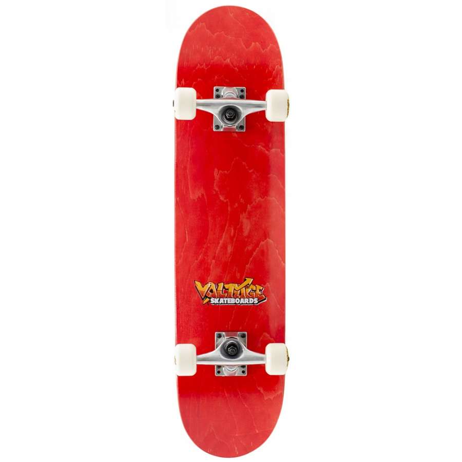 The Voltage Graffiti Logo Red Complete Skateboard showcases an entry-level design with a maple wood deck, white wheels, and silver trucks, prominently displaying the "Voltage" logo. The board features a glossy finish and is photographed against a white background.